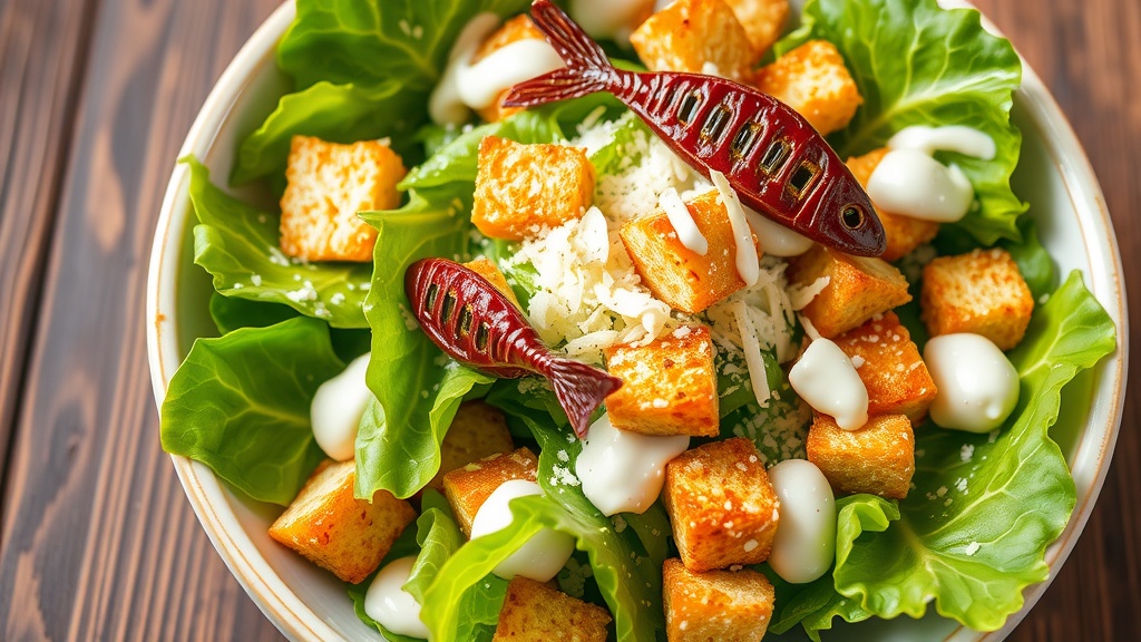 Classic Caesar Salad Recipe Classic Caesar Salad with romaine lettuce, croutons, Parmesan cheese, and anchovies on a wooden table.